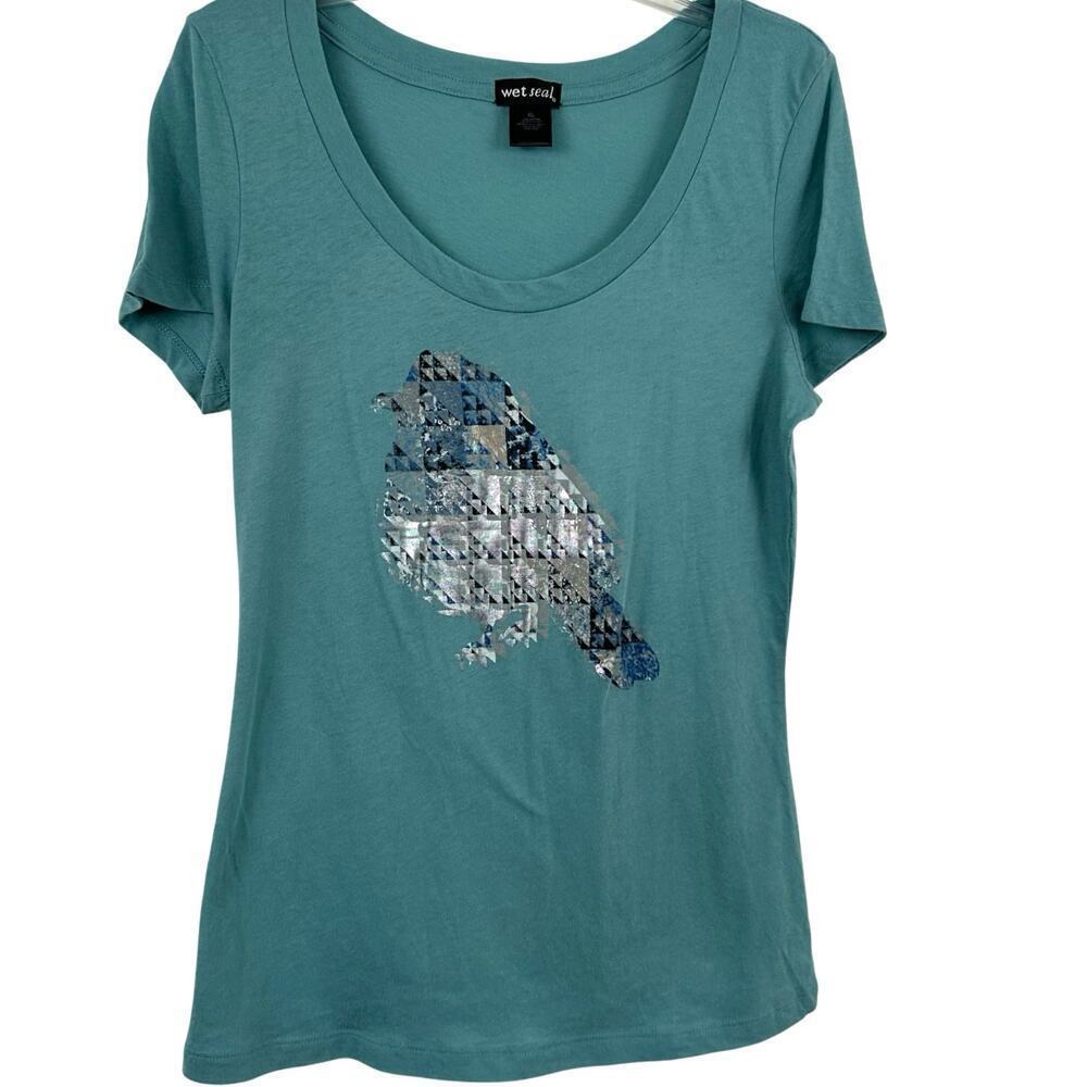 Wet Seal Bird Graphic Tee Blue Short Sleeve Y2K Casual Women XL